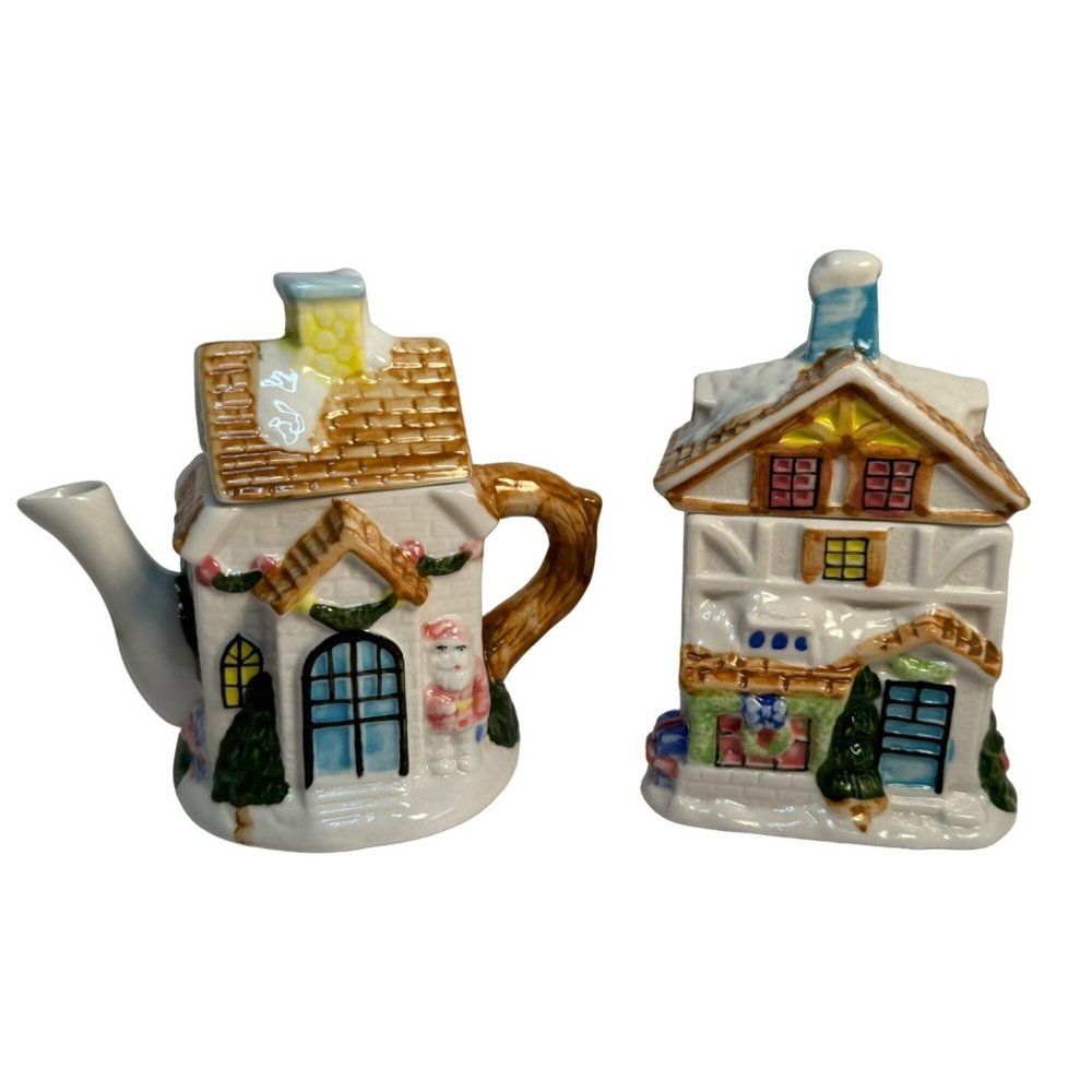 Sugar Bowl Creamer Set Houston Harvest Christmas Santa Ceramic Cottages